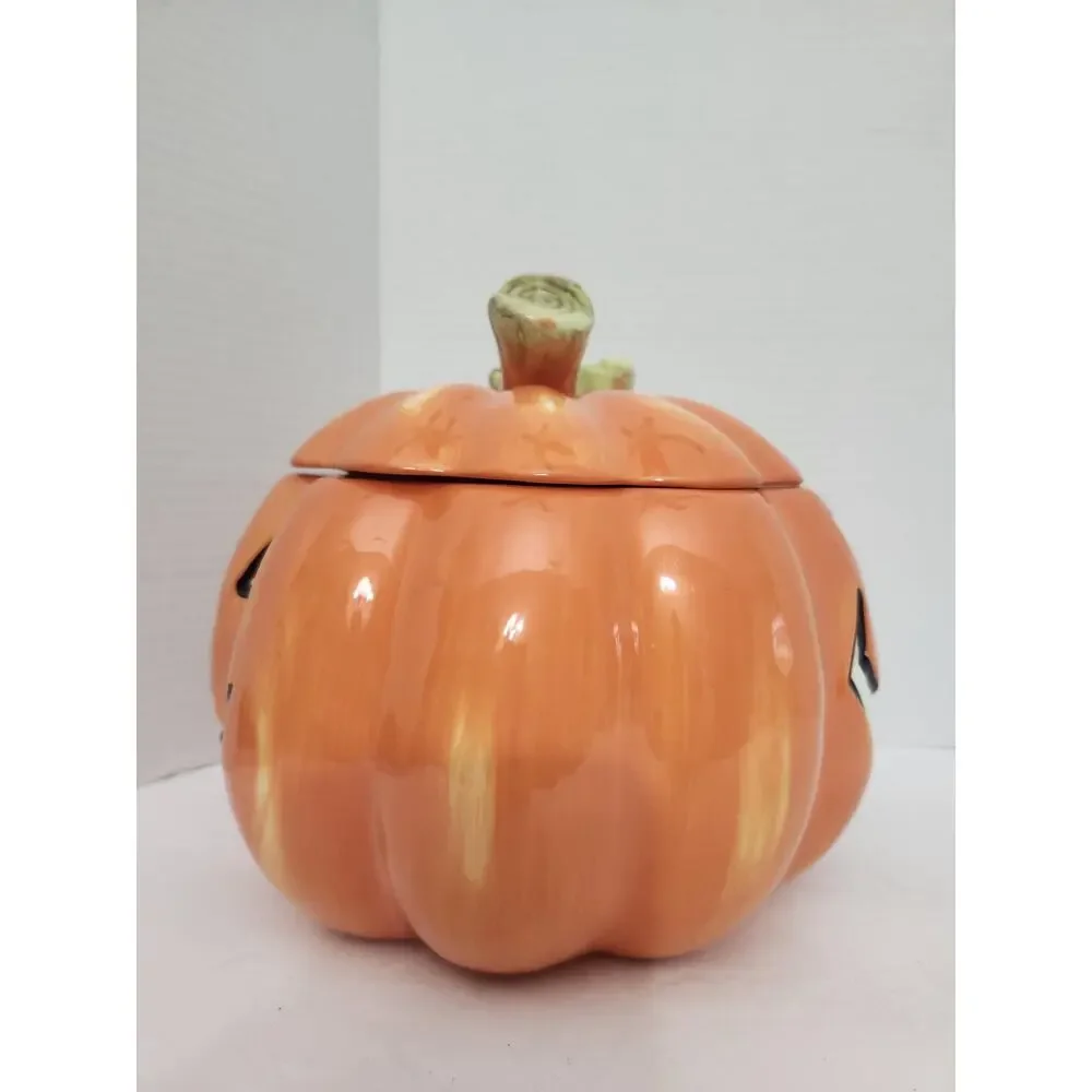 David's Cookies Halloween Pumpkin Ceramic Cookie Jar Jack O Lantern 2 Sided
